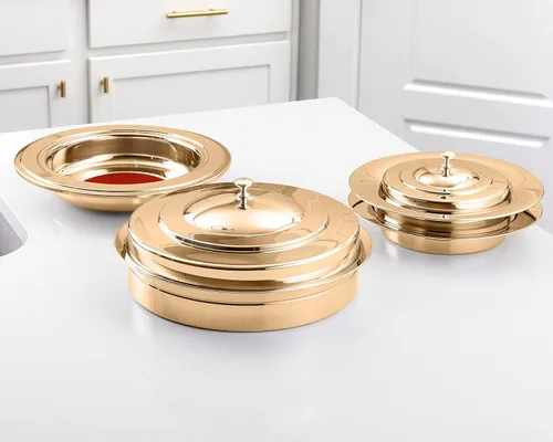 Miniatura 4 de (Plato de oferta rojo) Platos de oferta de acero inoxidable dorado prémium para iglesia Bandejas de oferta Plato de colección de iglesia Plato