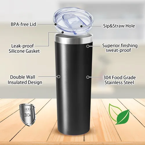 Miniatura 3 de Vaso delgado de 20 onzas con tapa y pajita, vaso de acero inoxidable aislado al vacío, taza de café de doble pared a prueba de fugas, vaso térmico