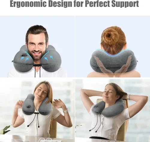 Miniatura 2 de Almohada inflable para el cuello de viaje para aviones, soporte de cuello de terciopelo súper suave, firmeza ajustable, almohada inflable