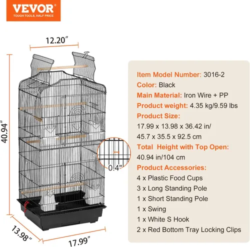Miniatura 7 de VEVOR Jaula Grande para Loros de 41 Pulgadas con Parte Superior Abierta, Jaula Colgante para Periquitos, Pinzones, Canarios, Agapornis, Cacatúas