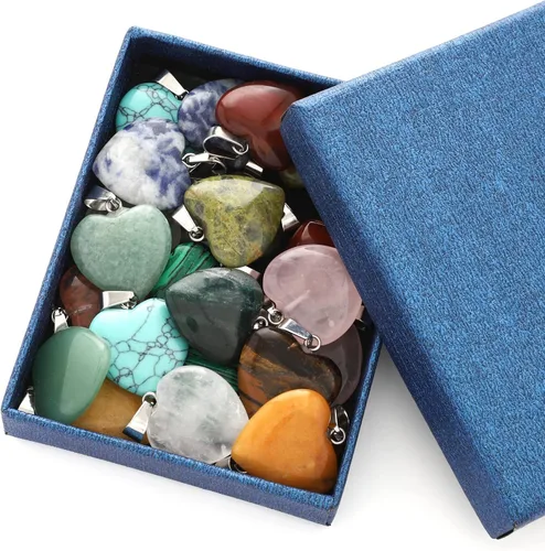 Miniatura 7 de Lezam - 24 piezas de colgantes en forma de corazón, luna y cruz de cristal curativo para hacer collares y joyas. Piedras naturales de cuarzo