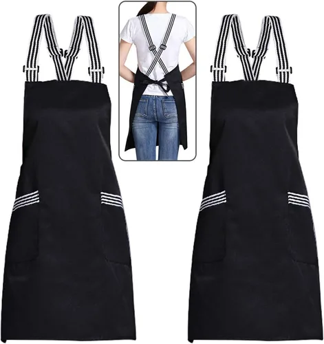 Miniatura 8 de Delantal ajustable con peto cruzado resistente a las gotas de agua con 2 bolsillos, delantales de cocina para mujeres y hombres, chef de trabajo