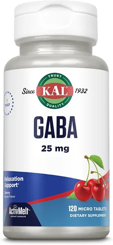 KAL Suplemento GABA, apoyo de relajación y alivio del estrés, sabor a cereza natural ActivMelt disolución instantánea, vegetariano, garantía de
