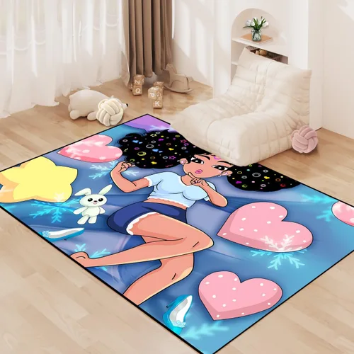 Miniatura 6 de Alfombra de área para dormitorio de niñas negras africanas, alfombra para sala de estar, sala de juegos, azul, lindo anime de dibujos animados
