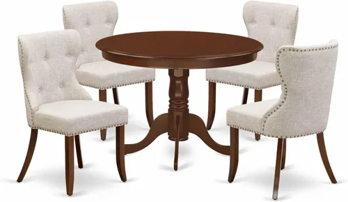 Miniatura 13 de East West Furniture Hartland - Juego de comedor de 3 piezas para espacios pequeños contiene una mesa de comedor redonda con pedestal y 2 sillas