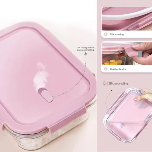 Miniatura 3 de Paquete de 4 recipientes de vidrio de 13 onzas / 0.37 L con tapas, recipientes de almacenamiento de vidrio con tapas, sin BPA, organizadores y Rosa