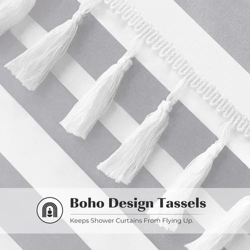 Miniatura 4 de Cortina de ducha gris Seasonwood Moderna de tela con borlas blancas, cortinas de ducha estilo casa de campo a rayas, impermeable, 72x72 pulgadas
