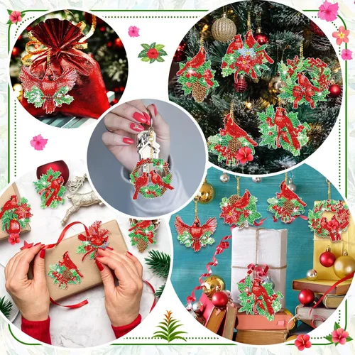 Miniatura 5 de Thinkday 12 piezas de adornos de arte de diamantes cardenales de Navidad en julio, pájaros rojos de Navidad, pintura de diamante, llaveros