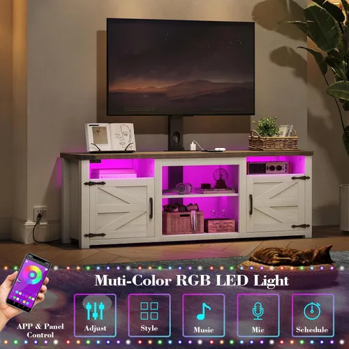 Miniatura 3 de ROCHECASA Soporte de TV de granja con soporte y estación de carga, luces LED de 55 pulgadas, centro de entretenimiento con montaje giratorio