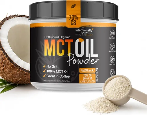 Intentionally Bare Aceite orgánico MCT en polvo - 70% C8 y 30% C10 - Crema de café MCT con fibra prebiótica - Polvo de aceite de coco para energía