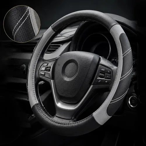 Miniatura 13 de Elantrip Funda de volante de cuero deportivo 14 1/2 pulgadas a 15 pulgadas universal, acolchada, de agarre suave y transpirable para coche, camión