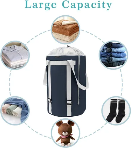 Miniatura 6 de Cesta de lavandería para ropa sucia, plegable, plegable, con asas y tapa, grande, resistente al agua, poliéster, resistente, duradera, color azul