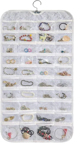 Miniatura 18 de BB Brotrade Organizador colgante de joyas, organizador de accesorios, organizador de 80 bolsillos para guardar joyas (beige)
