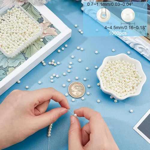 Miniatura 6 de Pandahall Elite, perlas pequeñas redondas brillosas. Canutillos surtidos de raso para joyas. Paquete de caja redonda., Vidrio, 4mm Blanco crema