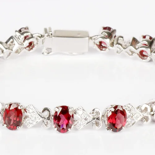 Miniatura 2 de GEMHUB Pulsera de piedras preciosas de granate rojo de 0.71 oz de forma ovalada de plata de ley de 7 pulgadas con cierre de seguridad, Piedra
