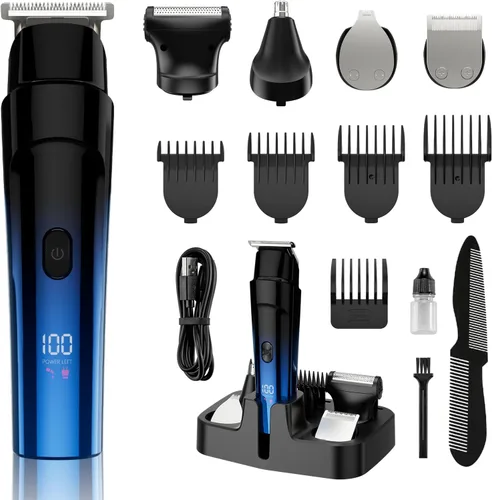 Miniatura 7 de RUIBO Cortadora de barba para hombres, kit de cortapelos inalámbrico 5 en 1 con maquinilla de afeitar de aluminio, peluquería corporal impermeable