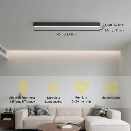 Miniatura 6 de Lámpara LED de techo negra, moderna y simple, instalación de superficie de techo de tira larga, adecuada para sala de estar, dormitorio, pasillo