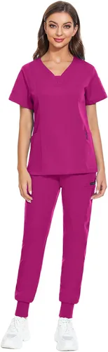 Miniatura 35 de VIAOLI Conjunto de ropa quirúrgica para mujer, camiseta con cuello en V y pantalones médicos tipo cargo para mujer, 10 bolsillos