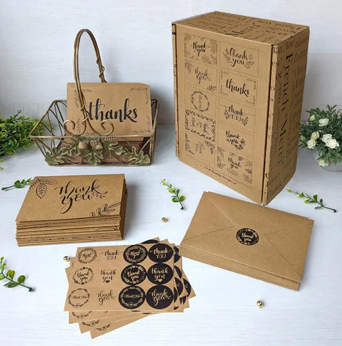Miniatura 5 de 150 tarjetas de agradecimiento con sobres y calcomanías de papel kraft marrón a juego, 10 diseños elegantes de papel kraft a granel, notas en blanco