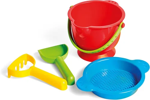 Miniatura 7 de Hape Beach Basics - Juego de juguetes de arena, incluye tamiz de cubo, rastrillo y pala, juguetes de arena para niños de 18 meses y más