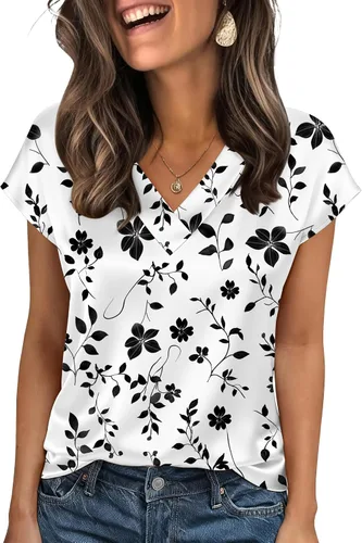 Miniatura 20 de Zeagoo - Camisetas de mujer de satén de seda, tops de manga corta con cuello en V, blusas para negocios y conjuntos casuales, talla S-2XL