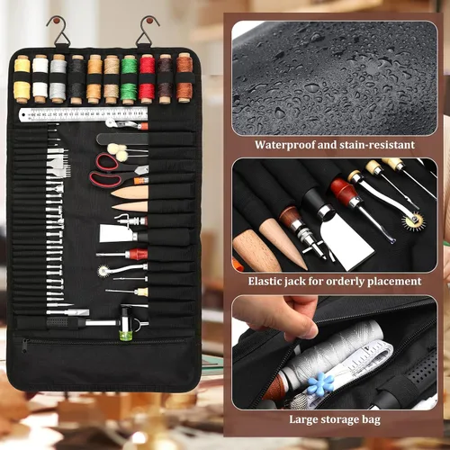 Miniatura 3 de QMNNMA 102PCS Herramientas de trabajo de cuero Kit de artesanía de cuero con bolsa de almacenamiento personalizada, herramientas de estampado