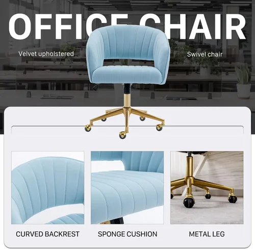 Miniatura 8 de KCC Silla de oficina en casa, silla giratoria de escritorio, sillón tapizado moderno con base dorada para niñas y mujeres, asiento de estudio Azul