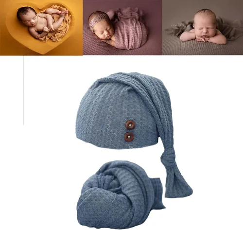 Miniatura 4 de Envoltura de fotografía para bebé recién nacido con sombrero de cola larga para niño y niña, trajes de ganchillo para fotos (azul)