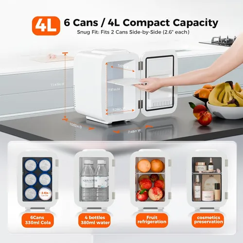 Miniatura 5 de YASHE Mini nevera, refrigerador pequeño de 4 litros/6 latas para el cuidado de la piel, 110 V CA/12 V CC, enfriador termoeléctrico y calentador