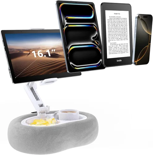 Soporte para tableta y lector electrónico con almohada de felpa suave y 2 bandejas desmontables, soporte ajustable para tableta para cama o regazo,