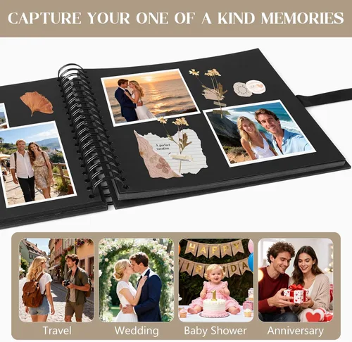Miniatura 6 de Álbum de fotos INNOCHEER - Autoadhesivo 80 páginas negras, gran álbum de recortes para libro de visitas de boda, aniversario, viajes, recuerdos