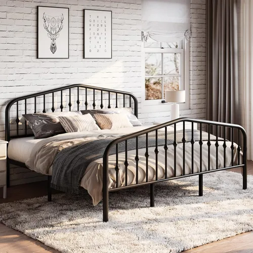 Miniatura 9 de SHA CERLIN Marco de cama de plataforma de metal tamaño individual con cabecero/estribo de hierro forjado estilo victoriano, no requiere somier, Negro
