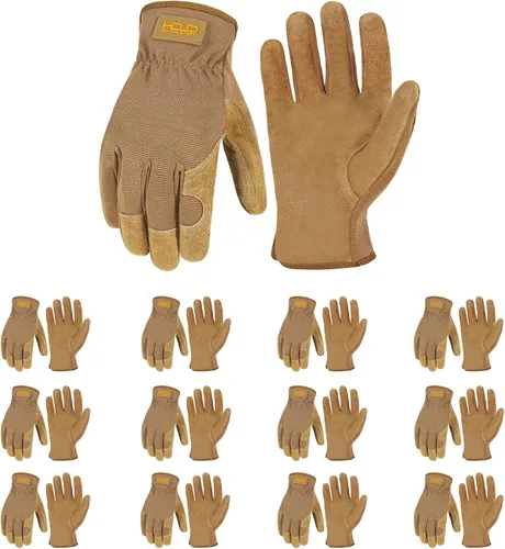 Miniatura 23 de HANDLANDY Guantes de jardinería de cuero para hombre, guantes de trabajo utilitarios para mecánicos, construcción, conductor 3 pares amarillo