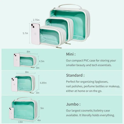 Miniatura 2 de ROWNYEON Juego organizador de cosméticos de alta calidad, bolsas de almacenamiento de PVC transparente y piel sintética con forro azul en tono joya