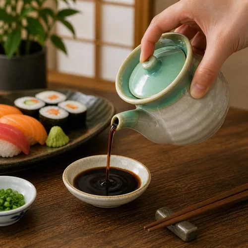 Miniatura 2 de Dispensador de botellas de salsa de soja japonesa, paquete de 2, olla de cerámica Shoyu con tapa, servidor de salsa de soja tradicional