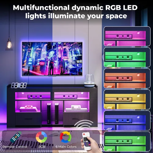 Miniatura 5 de IRONCK Soporte de TV para TV de 65 pulgadas, centro de entretenimiento de fibra de carbono con 2 cajones, estación de carga y luz LED RGB, consola