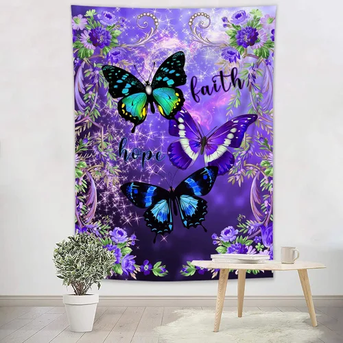 Miniatura 7 de LB Tapiz pequeño de mariposa colorido para colgar en la pared, diseño psicodélico de flores silvestres 3D, mariposas de fantasía floral, arte