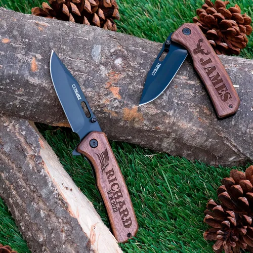 Miniatura 8 de Regalos para hombres, cuchillo de bolsillo de madera de nogal grabado personalizado - 36 iconos, 13 fuentes elegantes - Cuchillos personalizados