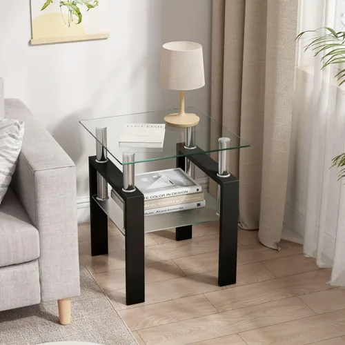 Miniatura 9 de Meihua Mesa auxiliar de vidrio para espacios pequeños, mesa auxiliar cuadrada de vidrio, mesita de noche moderna de 2 niveles con patas de metal
