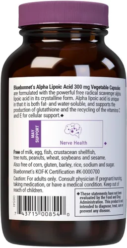 Miniatura 3 de Bluebonnet Cápsulas vegetarianas de ácido alfa lipoico, 300 mg, 60 unidades, color blanco