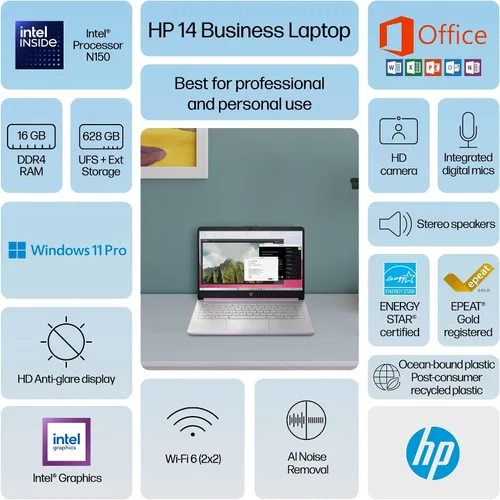 Miniatura 2 de HP Computadora portátil delgada de 14 pulgadas para estudiantes de negocios 2025, MS Office de por vida, IA Copilot, CPU Intel de cuatro núcleos, 16