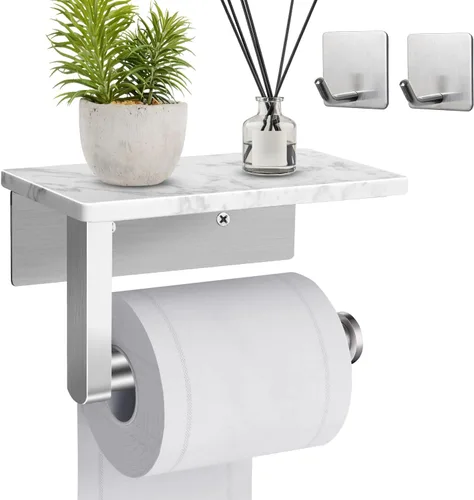 Soporte de papel higiénico con estante de mármol, soporte de papel higiénico montado en la pared de acero inoxidable SUS304 y 2 ganchos adhesivos