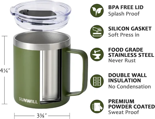 Miniatura 2 de SUNWILL - Taza de café de viaje con tapa, taza aislada con asa, taza de acero inoxidable de 14 oz para acampar, oficina, hogar, recubrimiento