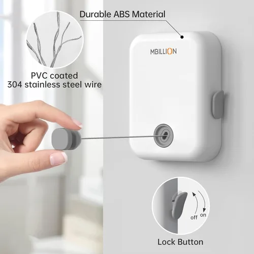 Miniatura 4 de Mbillion Tendedero retráctil para interiores y exteriores, línea de ropa resistente para secar la ropa, línea de ropa colgante retráctil