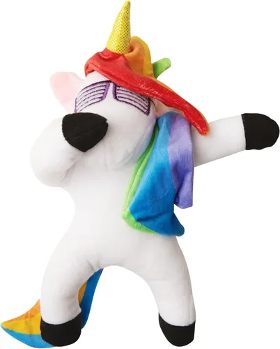 Miniatura 13 de Snugarooz - Juguete para perro con parche de reparación – Arco iris de peluche interactivo con 3 unicornios chirriantes – Diseñado para un juego