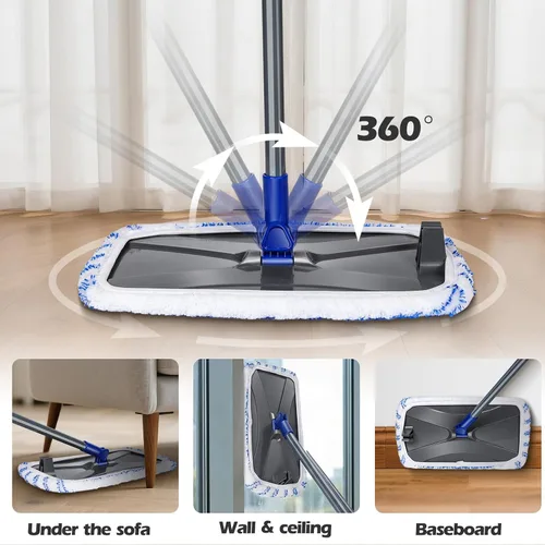 Miniatura 3 de MASTERTOP Trapeador plano de microfibra, mopa extendida para suelos húmedos y secos con 5 almohadillas reutilizables y mango telescópico, mopas