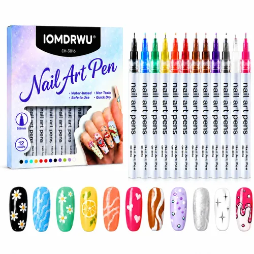 Bolígrafos de arte de uñas, 12 colores de punta fina de 0.020 in, marcadores de pintura acrílica de secado rápido para líneas de puntos, puntas