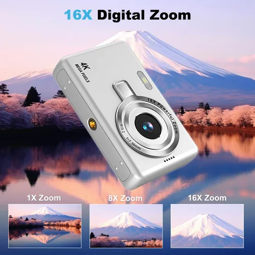 Miniatura 3 de Cámara digital, enfoque automático UHD 4K 50MP cámara de vlogging para fotografía con tarjeta SD de 32 GB, zoom 16X, antivibración, cámaras Plateado