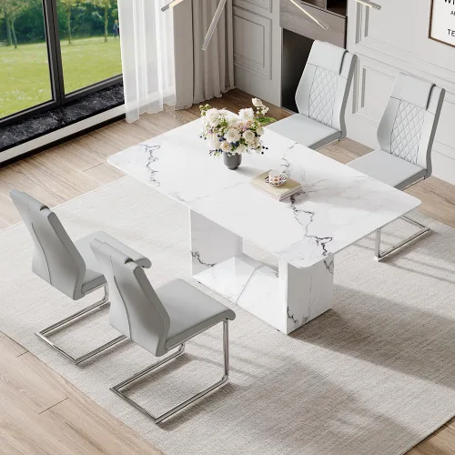 Miniatura 11 de Conjunto de mesa de comedor MUUOKY para 4, mesa de cocina de 63'' y sillas para 4, conjunto de mesa gris y 4 sillas modernas, adecuado para comedor