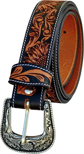 Miniatura 2 de Western Cuero Genuino Girasol Floral Tooled Casual Jeans Cinturón Con Hebilla Removeable 30AB101